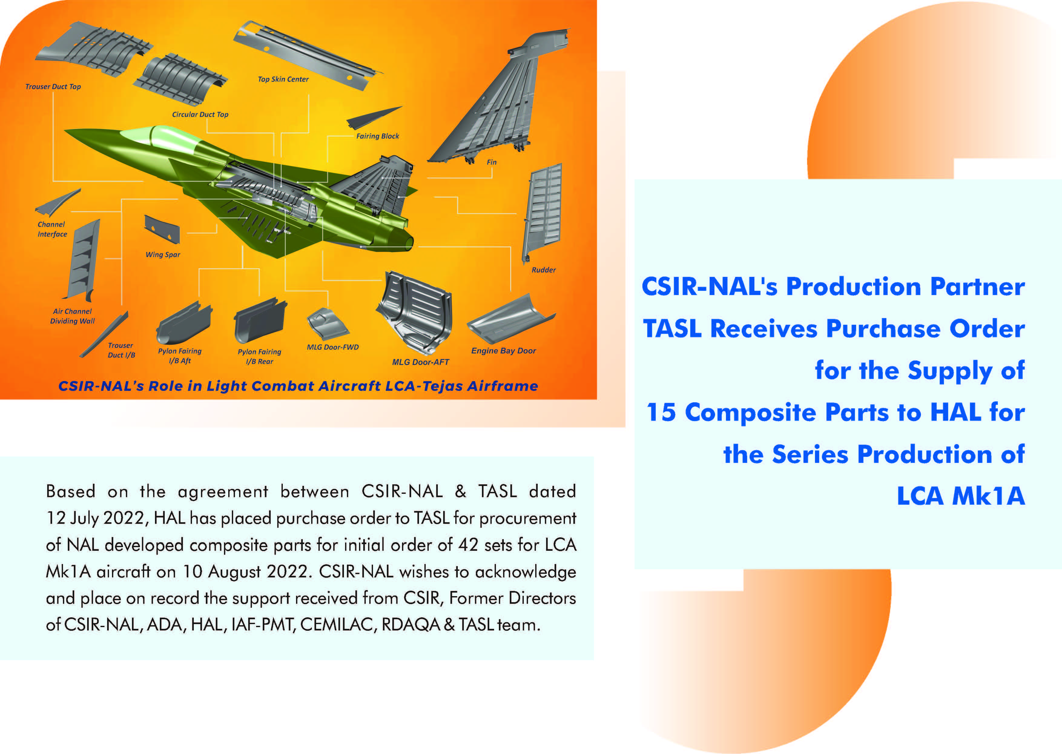 CSIRNAL's Production Partner TASL Receives Purchase Order for the